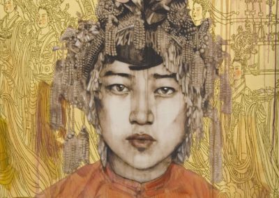 Hung Liu, Immortal Parade, Mixed Media on Gold Leaf and Board, 41" x 41"