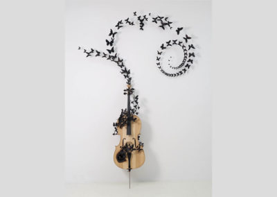 Paul Villinksi, Fable, 2010, Cello, aluminum (found cans), soot, wire, 96 x 65 x 16 in.