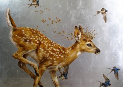 Michele Kortbawi Wilk | “Where the Deer Play” | Oil on canvas with silver leaf, 48 x 36”