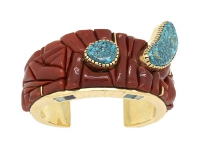 Wes Willie 18k Gold Mediterranean Coral and Lone Mountain turquoise bracelet